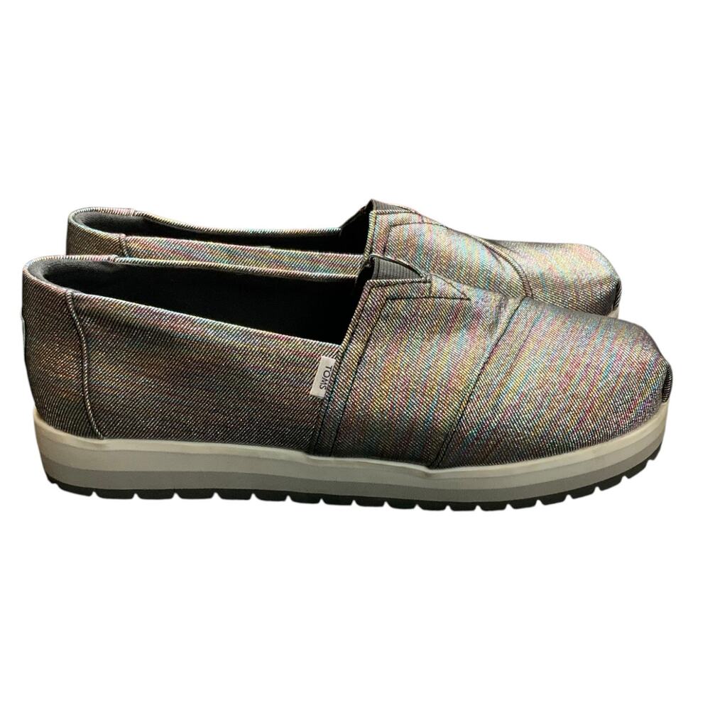 TOMS Silver Iridescent Slip On Flats Womens Size 6 Rainbow Metallic Shoes